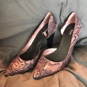 Pink and black snake skin heels